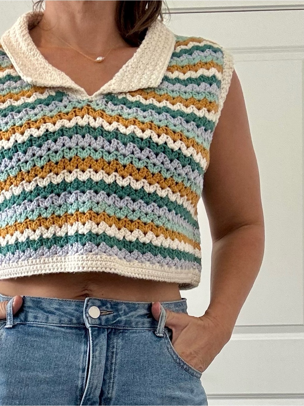 Handmade Cottagecore Crochet Striped Sleeveless Crop Pullover Collar Knit Top